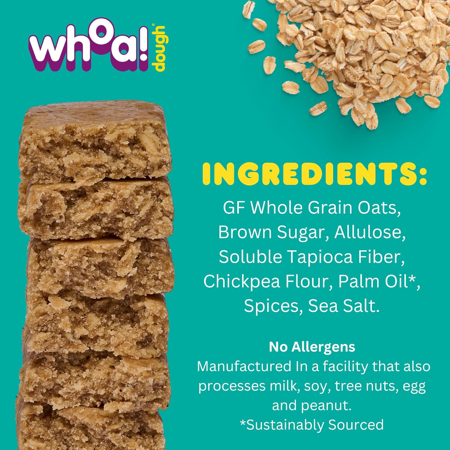 Whoa Dough Edible Cookie Dough Bars - Non-GMO, Kosher, Gluten Free - Healthy Snack Foods - Plant Based Real Ingredients - Oatmeal Cookie Dough - 10 Pack