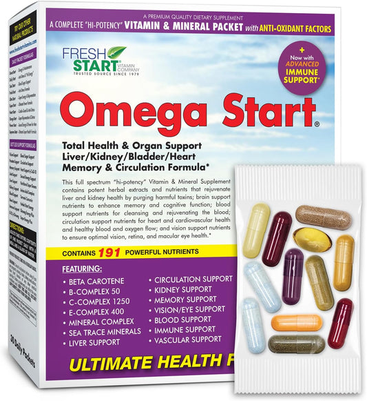 Whole Body Health & Immune Support Daily Vitamin Pack | Omega Start Complete | Vitamins A, B, C, D, E, Minerals, Elderberry, Turmeric, Milk Thistle, Ginkgo Biloba, Beta Glucans | 30 Packets