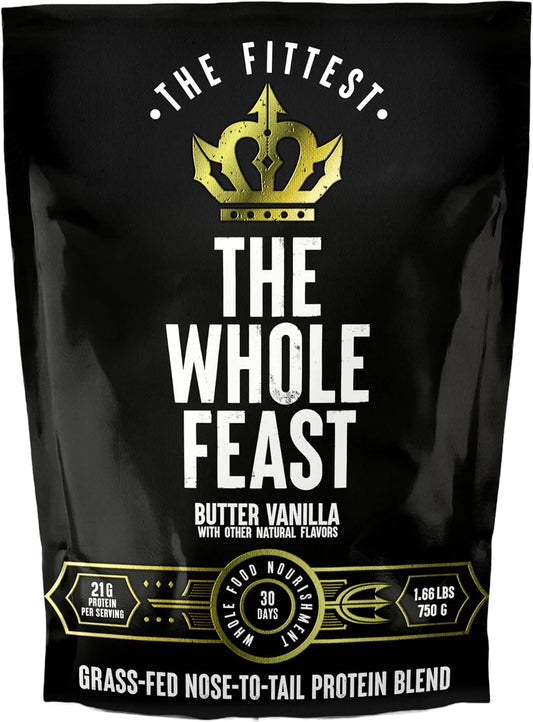 Whole Feast Beef Protein Powder - Butter Vanilla Flavor - Nose to Tail Carnivore Blend with Liver, Colostrum, Bone - BCAAs - 14g Collagen - 21g Protein