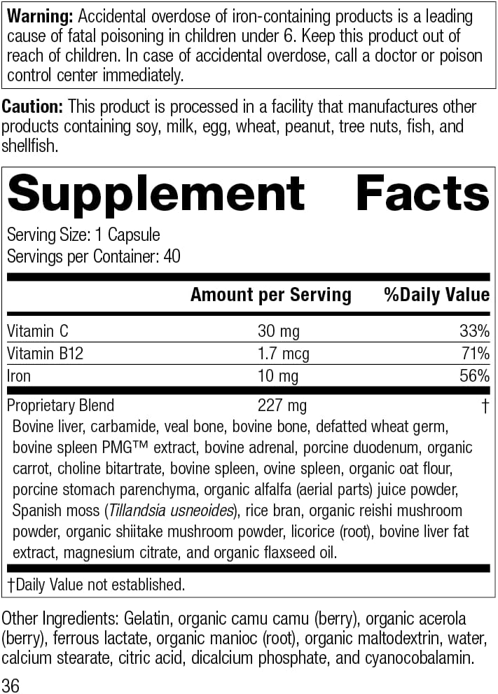 Whole Food Antioxidant Supplement for Healthy Blood and Hemoglobin - Standard Process Ferrofood with Cyanocobalamin, Acerola, Shiitake, Rice Bran, Carrot, Alfalfa, Spanish Moss - 40 Capsules