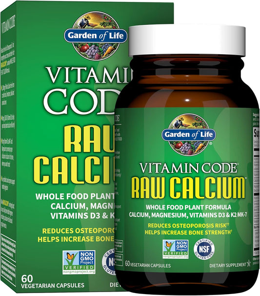 Whole Food Calcium Supplement with Magnesium, K2, Vitamin D3, Vitamin C, and Probiotics - Garden of Life Raw Formula for Women & Men, 60 Capsules