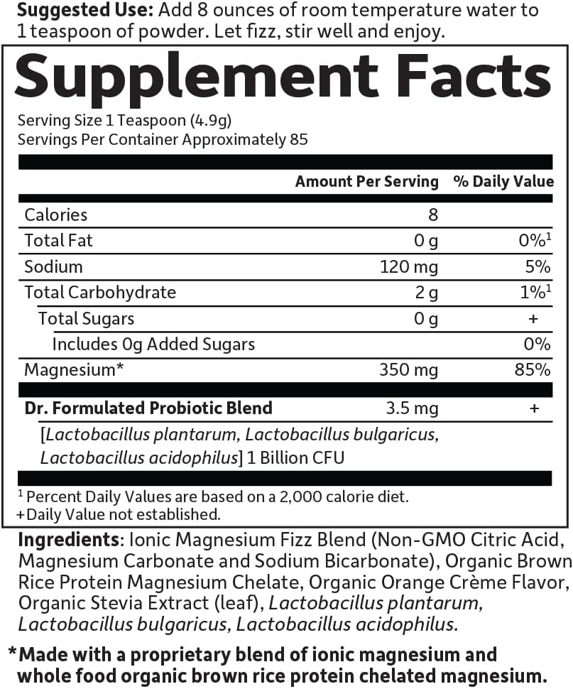 Whole Food Magnesium Powder - Orange, Chelated, Non-GMO, Vegan, Kosher, Gluten & Sugar Free with Probiotics - Anti-Stress, Calm & Regularity Support