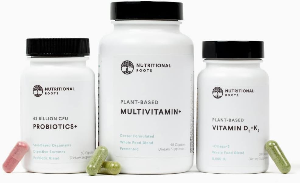Whole Food Plant-Based Multivitamin with Key Daily Essentials - Doctor Formulated Nutritional Roots Multivitamin+ - Includes Vitamin D3+K2 and Probiotics