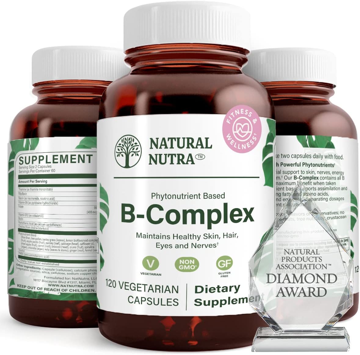 Whole Food Vitamin B Complex with Niacin, Folate, Thiamin, Biotin - Supports Nervous System, Metabolism, Skin, Eyes, Hair - 120 Capsules