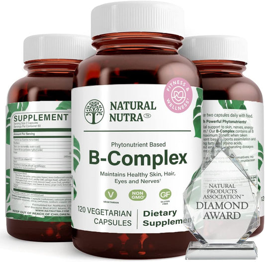 Whole Food Vitamin B Complex with Niacin, Folate, Thiamin, Biotin - Supports Nervous System, Metabolism, Skin, Eyes, Hair - 120 Capsules