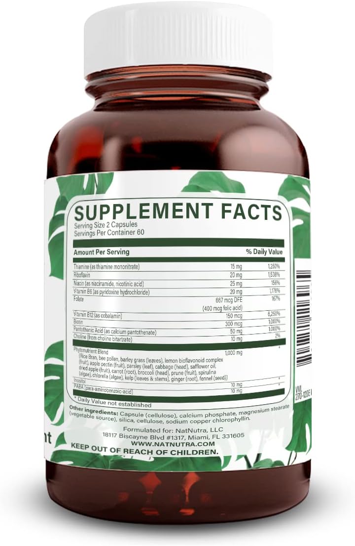 Whole Food Vitamin B Complex with Niacin, Folate, Thiamin, Biotin - Supports Nervous System, Metabolism, Skin, Eyes, Hair - 120 Capsules