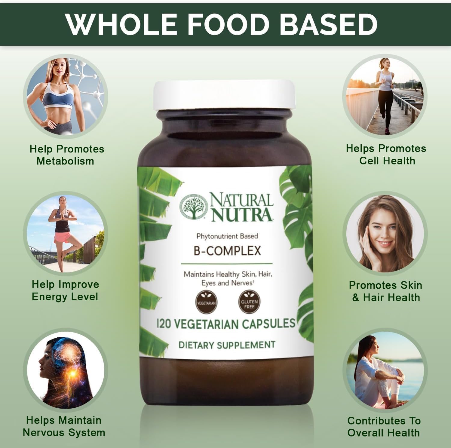 Whole Food Vitamin B Complex with Niacin, Folate, Thiamin, Biotin - Supports Nervous System, Metabolism, Skin, Eyes, Hair - 120 Capsules