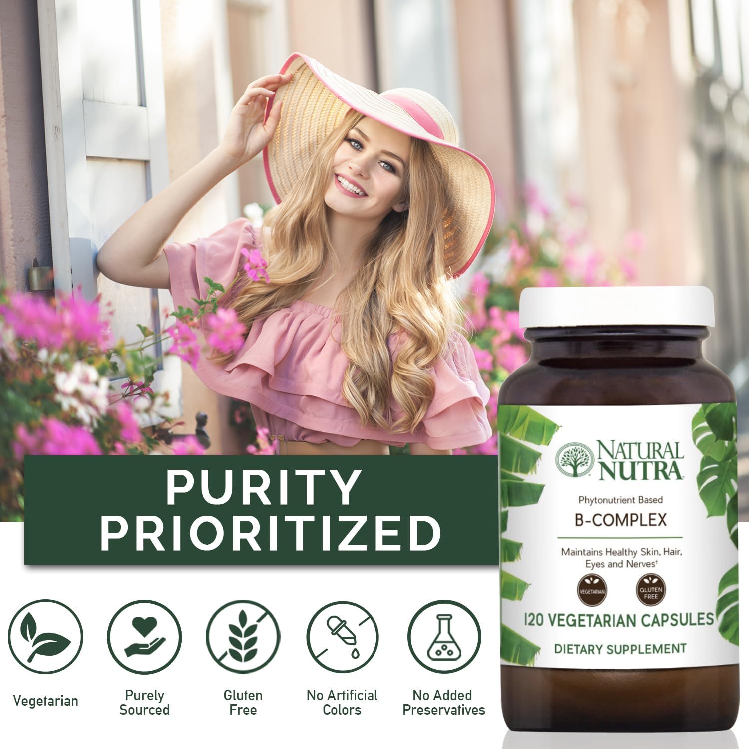 Whole Food Vitamin B Complex with Niacin, Folate, Thiamin, Biotin - Supports Nervous System, Metabolism, Skin, Eyes, Hair - 120 Capsules