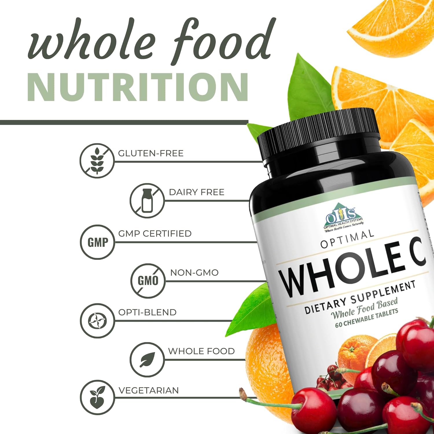 Whole Food Vitamin C Chewable Tablets with Acerola Cherry, Orange Fruit, Black Currant, and Bioflavonoids - 60 Tablets