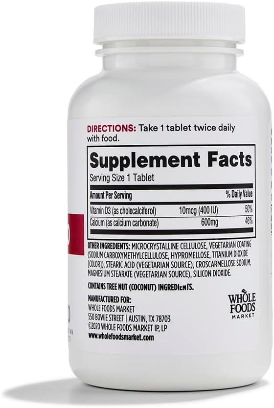 Whole Foods Market 365 Calcium with Vitamin D3 Tablets - 120 Count Bottle for Bone Health & Immune Support