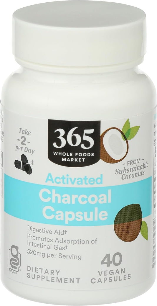 Whole Foods Market 365 Charcoal Activated Capsules, 40 Count - Natural Detox and Digestive Support Supplement
