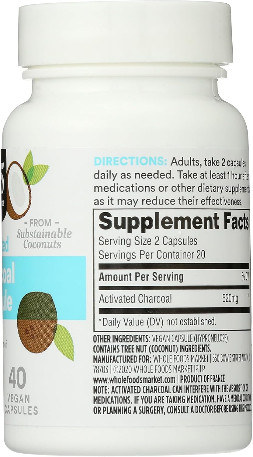 Whole Foods Market 365 Charcoal Activated Capsules, 40 Count - Natural Detox and Digestive Support Supplement