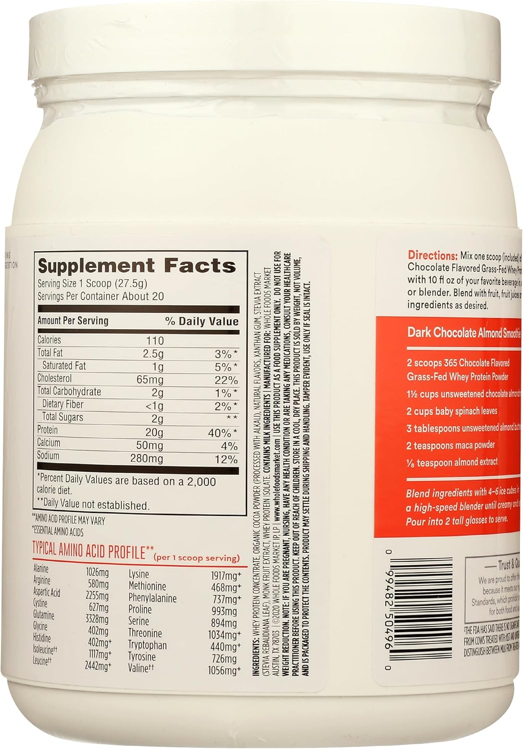 Whole Foods Market 365 Chocolate Grass Fed Whey Protein - 19.4 Ounce Jar
