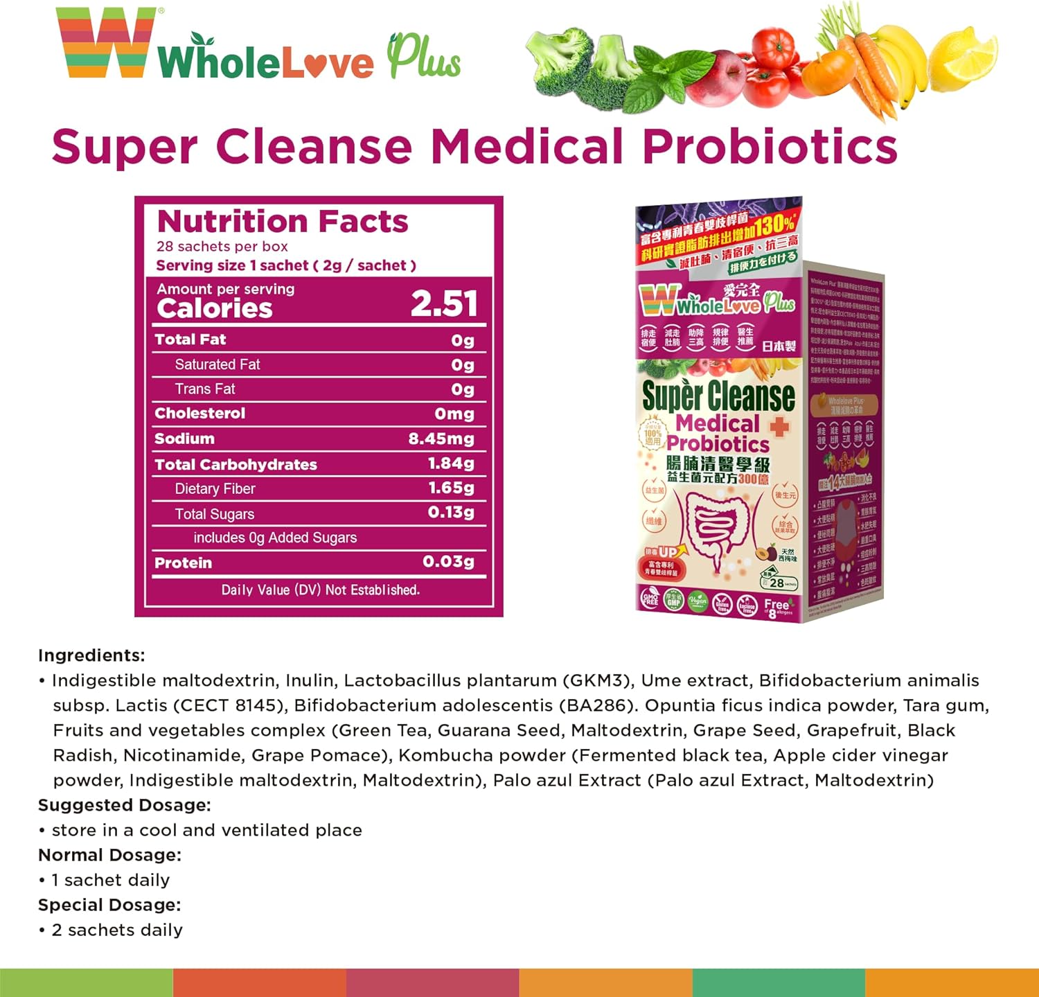 WholeLovePlus Super Cleanse Probiotics - Daily Supplement with Prebiotics & Probiotics, 28 Sachets for Men & Women