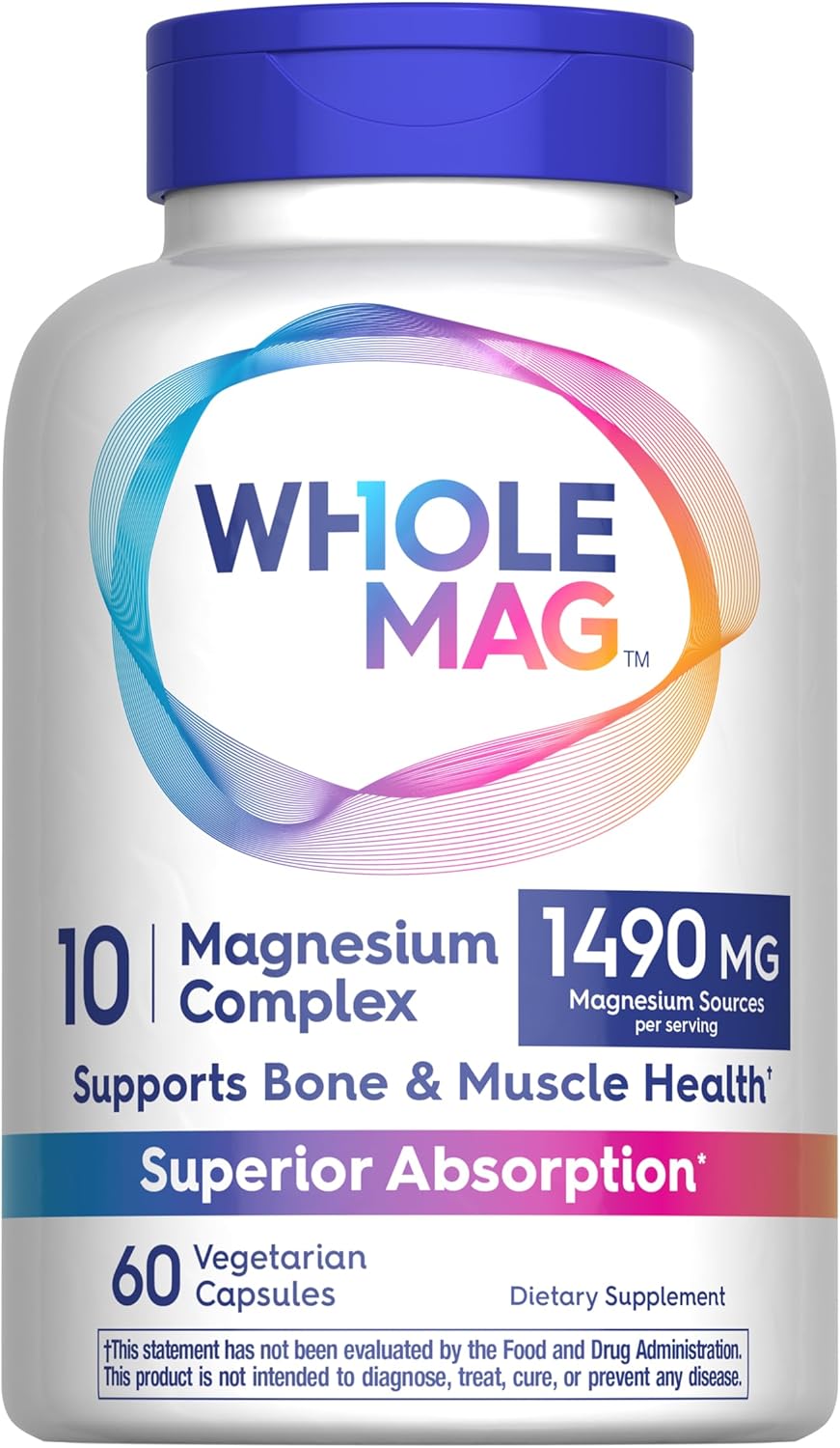 WholeMag Magnesium Supplement Complex - 60 Vegetarian Capsules for Muscle, Bone, & Nerve Health - 10 in 1 Formula for Overall Wellness - Lab Tested, Non-GMO, Gluten Free