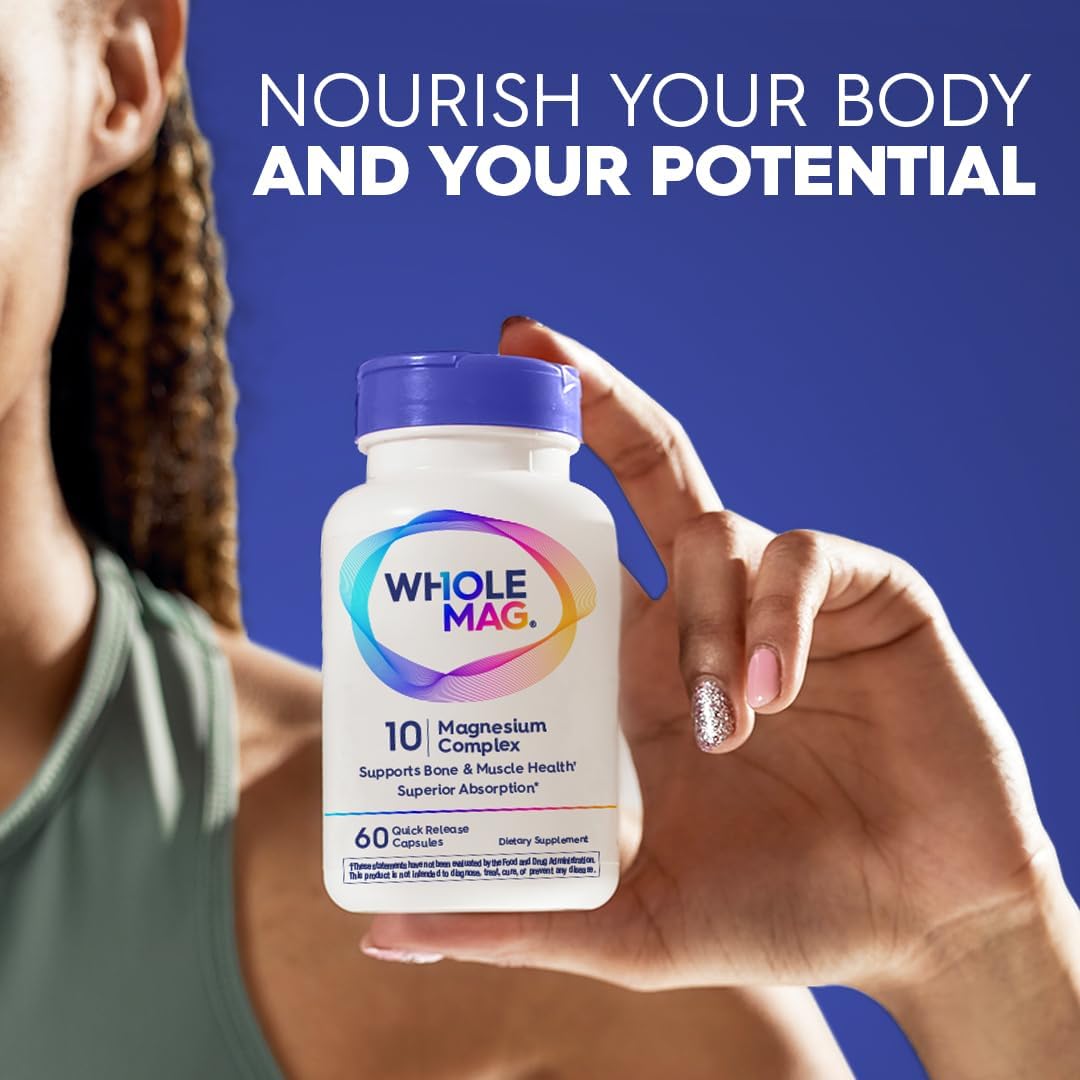 WholeMag Magnesium Supplement Complex - 60 Vegetarian Capsules for Muscle, Bone, & Nerve Health - 10 in 1 Formula for Overall Wellness - Lab Tested, Non-GMO, Gluten Free