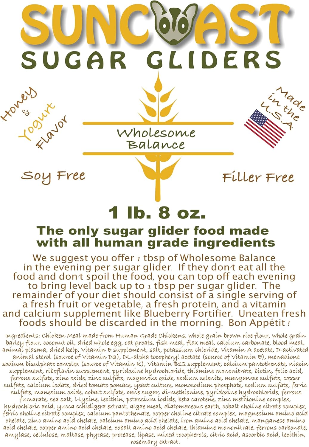 Wholesome Balance Honey Yogurt Sugar Glider Nutrition Pack with Calcium Supplement