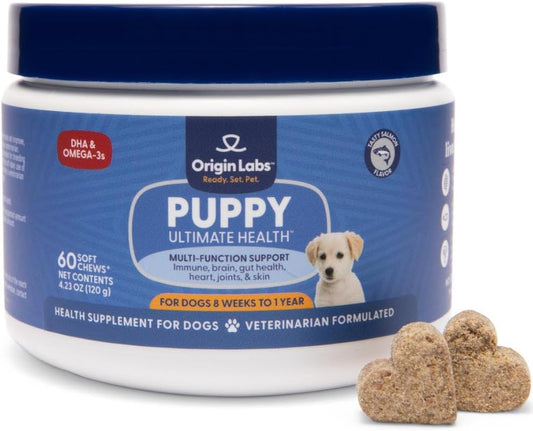 Wild Alaska Salmon Fish Oil Supplement for Puppies - DHA Omega 3, Probiotic, Immune Support, Heart Health - 60 Soft Chews
