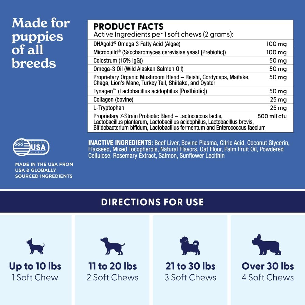Wild Alaska Salmon Fish Oil Supplement for Puppies - DHA Omega 3, Probiotic, Immune Support, Heart Health - 60 Soft Chews
