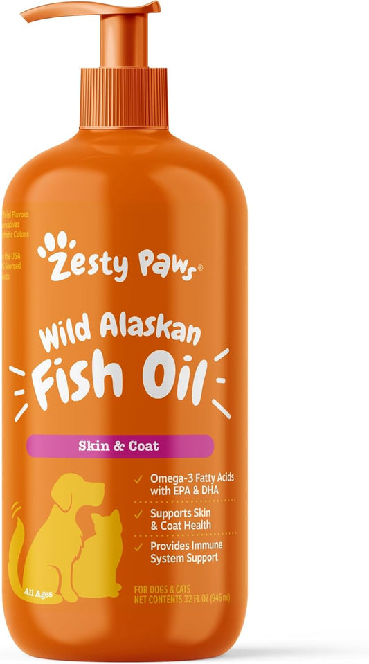 Wild Alaskan Fish Oil for Dogs & Cats - Pollock & Salmon Blend - Omega 3 EPA & DHA - Skin & Coat Health - Immune Support - 32 fl oz