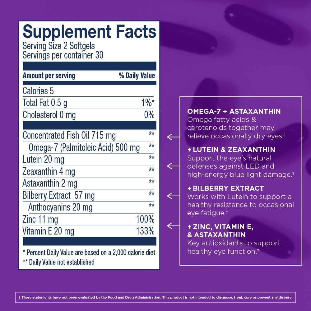Wild Alaskan Fish Oil Supplement for Eye Health - With Lutein, Zeaxanthin, Bilberry - 60 Softgels