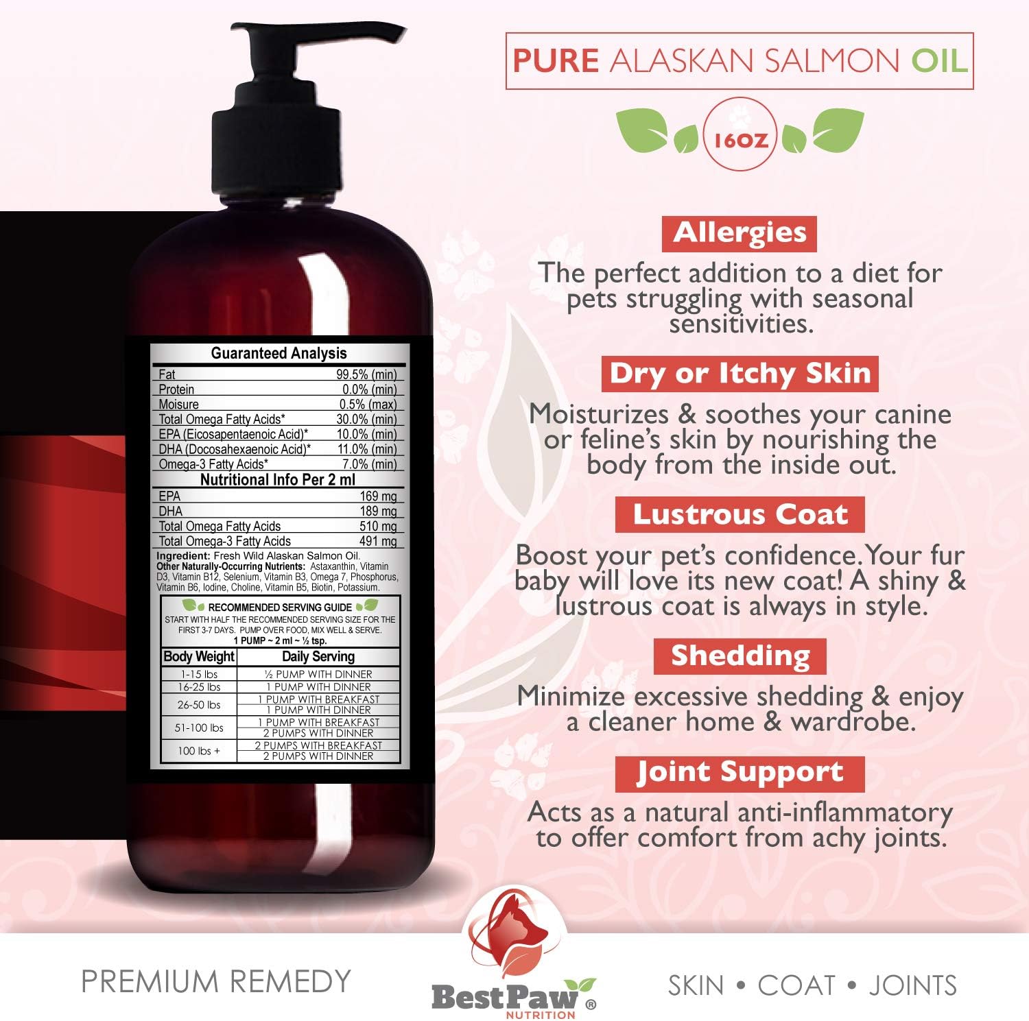 Wild Alaskan Salmon Oil for Pets - Liquid Fish Oil with Pump - Supports Skin, Coat, Joint, Heart Health - Omega 3 Supplement - All Natural EPA + DHA - 16oz