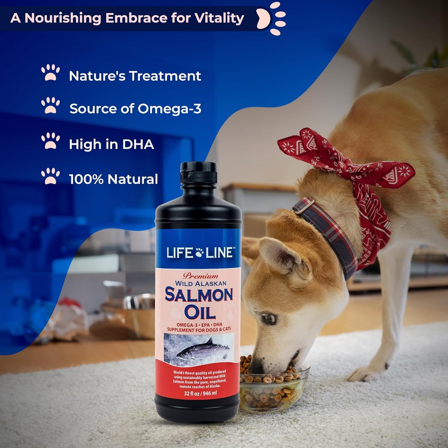 Wild Alaskan Salmon Oil Omega-3 Supplement for Dogs & Cats - 32 oz - Promotes Skin, Coat, Brain, Eye & Heart Health