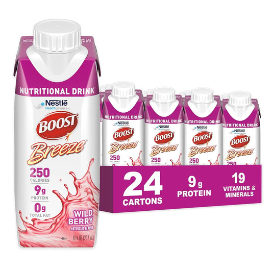 Wild Berry Flavored Boost Breeze Clear Nutritional Drink - 250 Calories - 19 Vitamins & Minerals - 9g Protein - Pack of 24 x 8 fl oz, Fortified with Vitamin A & Zinc for a Healthy Boost