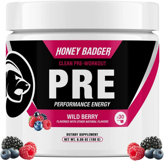 Wild Berry Honey Badger Pre Workout Powder, Keto Vegan Energy Supplement for Men & Women - 30 Servings, Beta Alanine & Caffeine, Sugar-Free