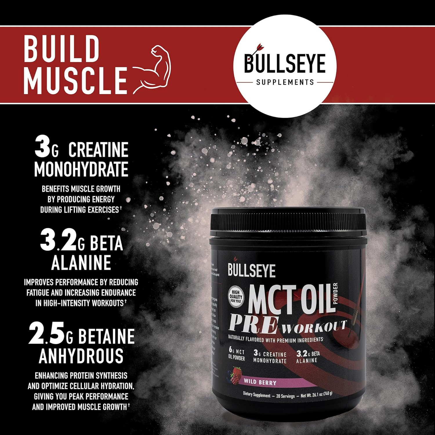 Wild Berry MCT Oil Pre Workout Supplement with Creatine Monohydrate - Boost Muscle Gain, Focus, and Energy - 20 Servings