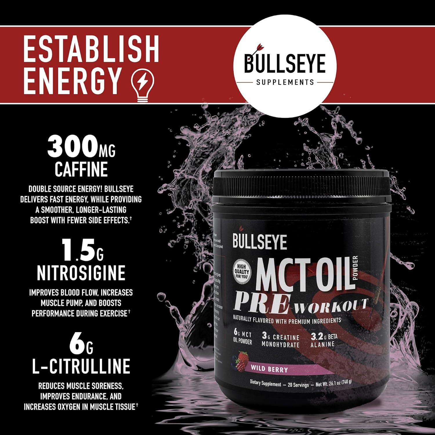 Wild Berry MCT Oil Pre Workout Supplement with Creatine Monohydrate - Boost Muscle Gain, Focus, and Energy - 20 Servings