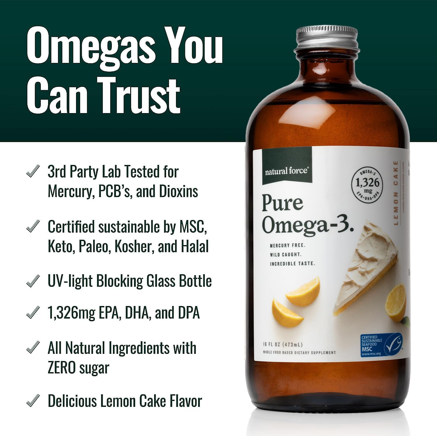 Wild Caught Lemon Cake Omega-3 Liquid Fish Oil - Mercury Free, Lab Tested - 1,326mg Triglyceride EPA, DHA, & DPA - 16oz Bottle