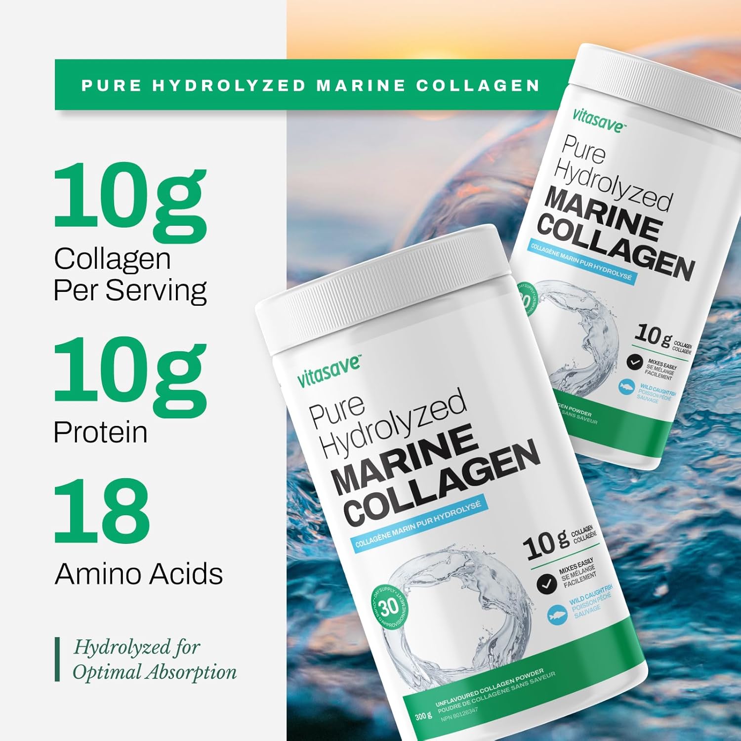 Wild-Caught Marine Collagen Peptides Powder - Non-GMO, Hydrolyzed - Supports Skin, Hair, Nails, Joints - Unflavored, Easy to Mix - 30 Day Supply