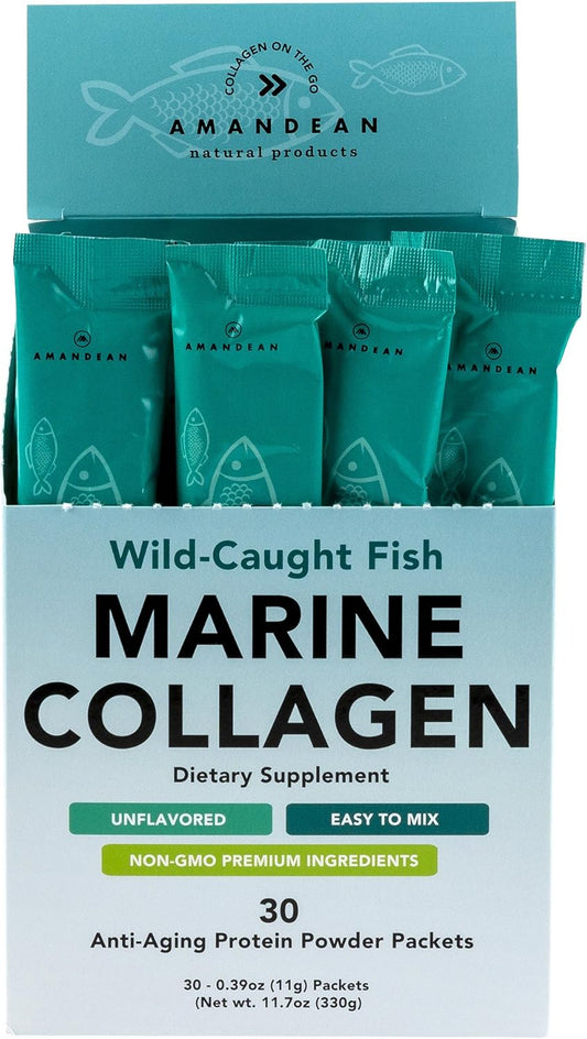 Wild-Caught Marine Collagen Peptides Powder Stick Packs - 30 Single Use Packets for Hair, Skin & Nails - Non-GMO, Zero Carbs, High Bioavailability
