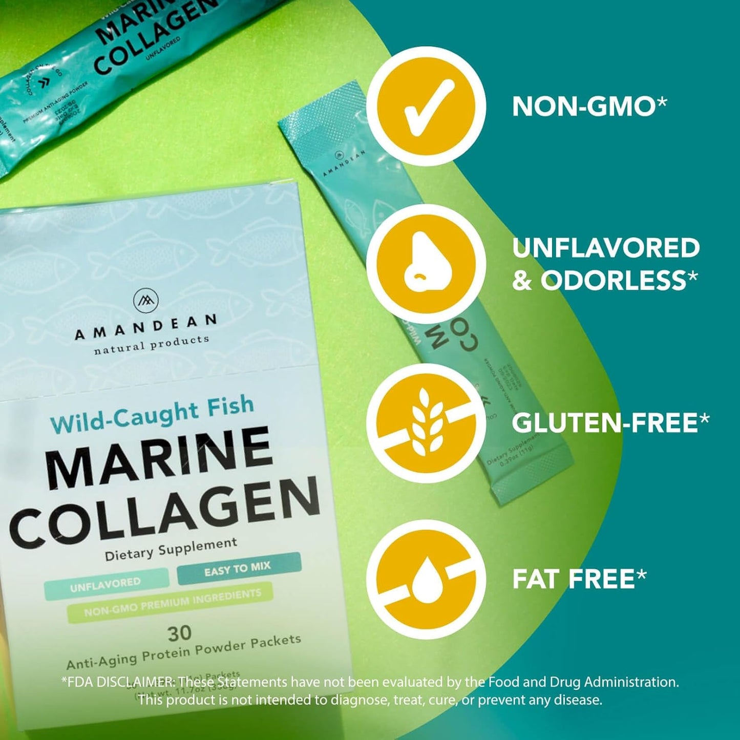 Wild-Caught Marine Collagen Peptides Powder Stick Packs - 30 Single Use Packets for Hair, Skin & Nails - Non-GMO, Zero Carbs, High Bioavailability
