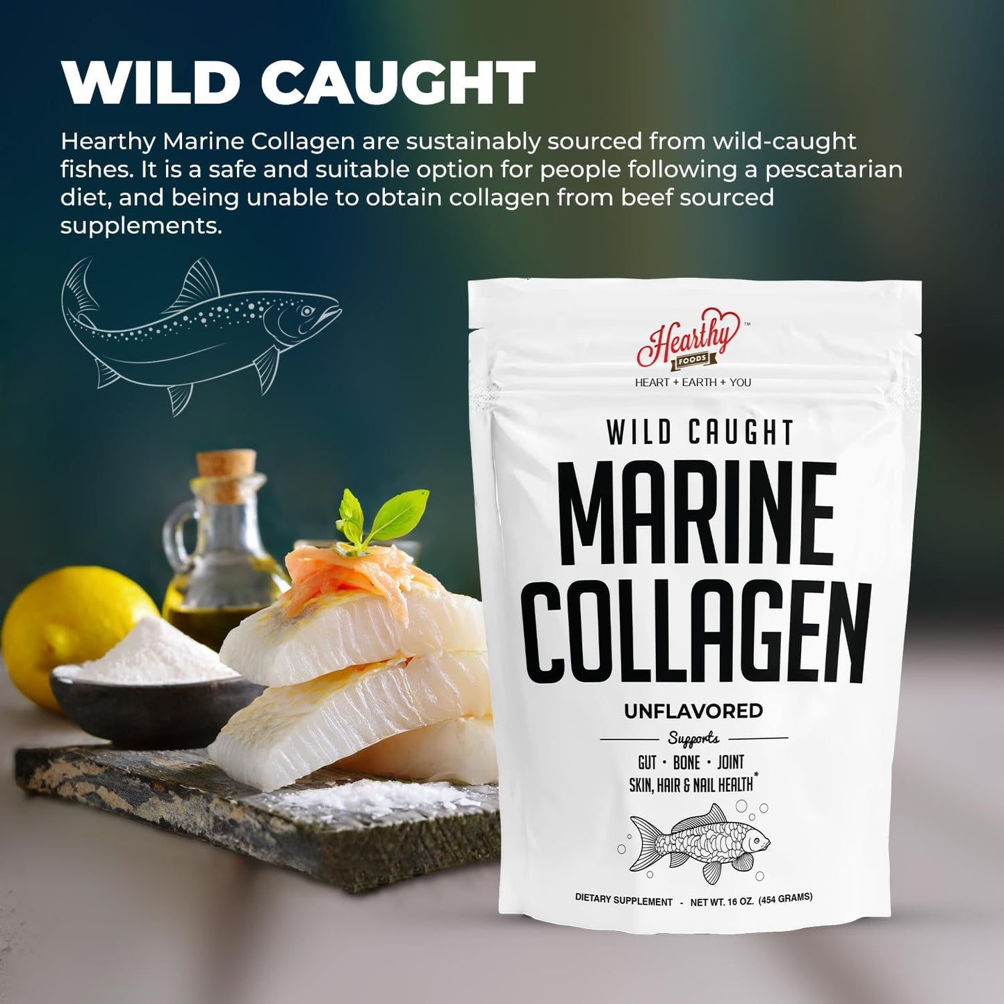 Wild-Caught Marine Collagen Powder 16 Oz - Non-GMO & Keto Certified - Easy to Mix - 45 Servings