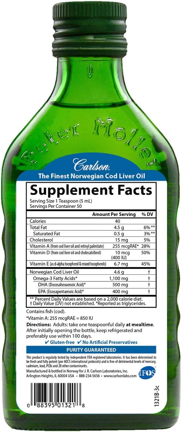 Wild Caught Norwegian Arctic Cod Liver Oil with 1100mg Omega-3s, Vitamins A & D3 - Sustainably Sourced Nordic Fish Oil Liquid, 250mL