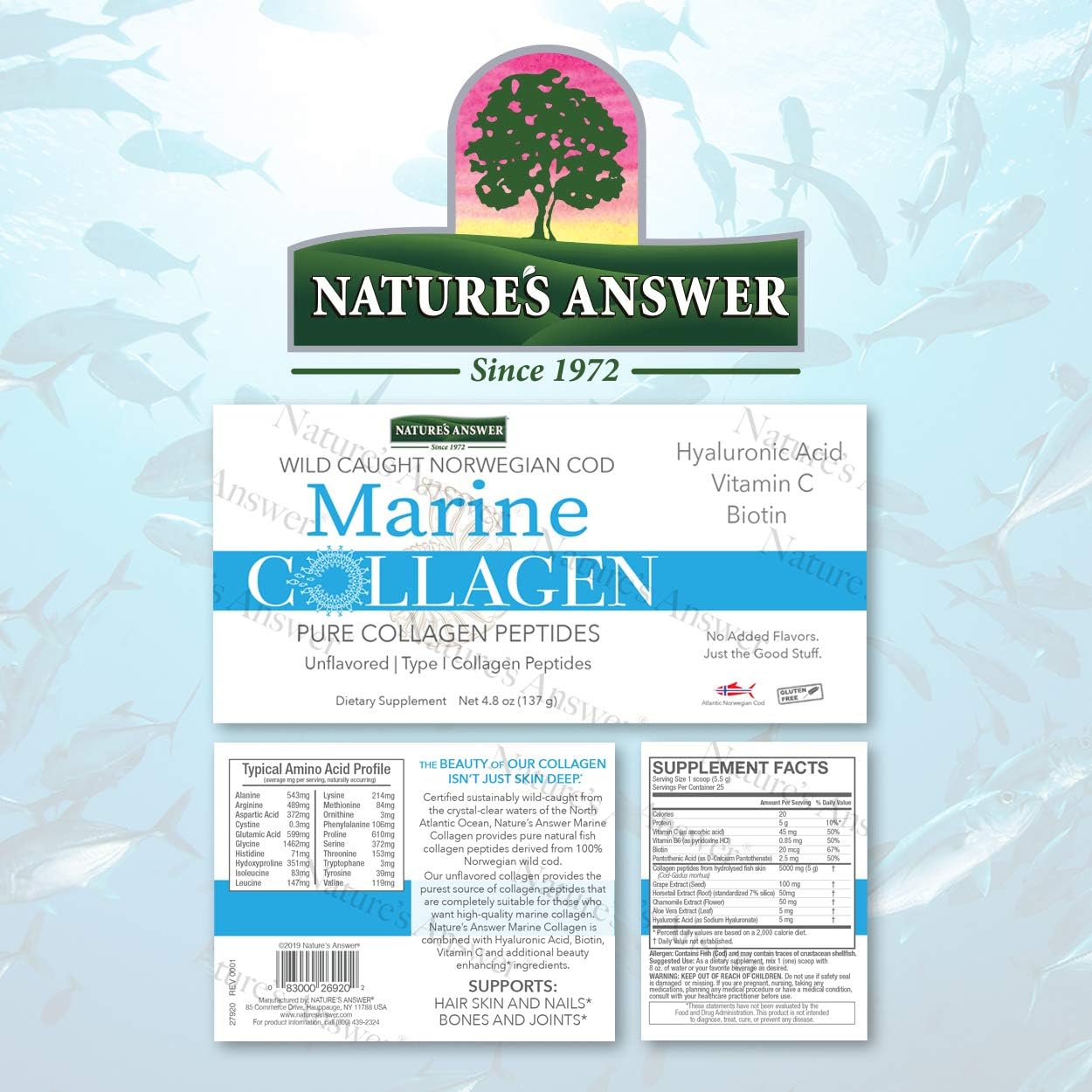 Wild Caught Norwegian Cod Marine Collagen Liquid with Hyaluronic Acid & Biotin for Healthy Hair, Skin, Nails, Bones, Joints - 4.8oz