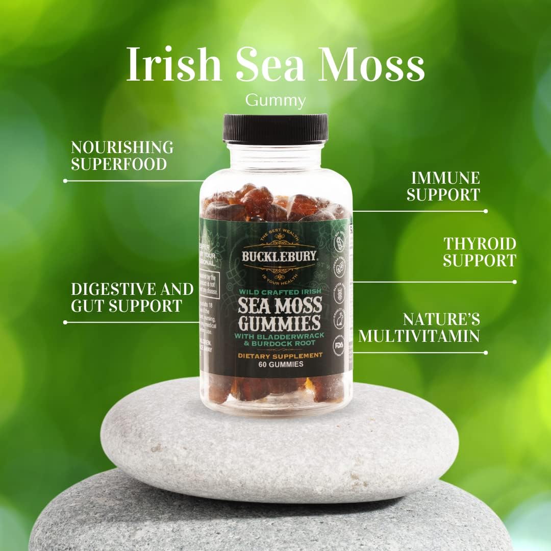Wild Crafted Irish Sea Moss Gummies with Bladderwrack & Burdock Root - Natural Vegan Multivitamin Gummies for Immune, Thyroid, Digestive, Gut Support - 60 Gummies