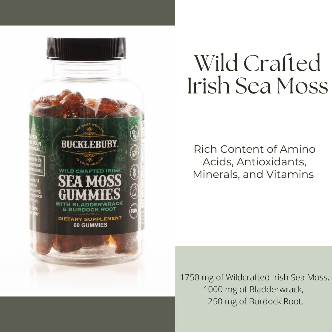Wild Crafted Irish Sea Moss Gummies with Bladderwrack & Burdock Root - Natural Vegan Multivitamin Gummies for Immune, Thyroid, Digestive, Gut Support - 60 Gummies