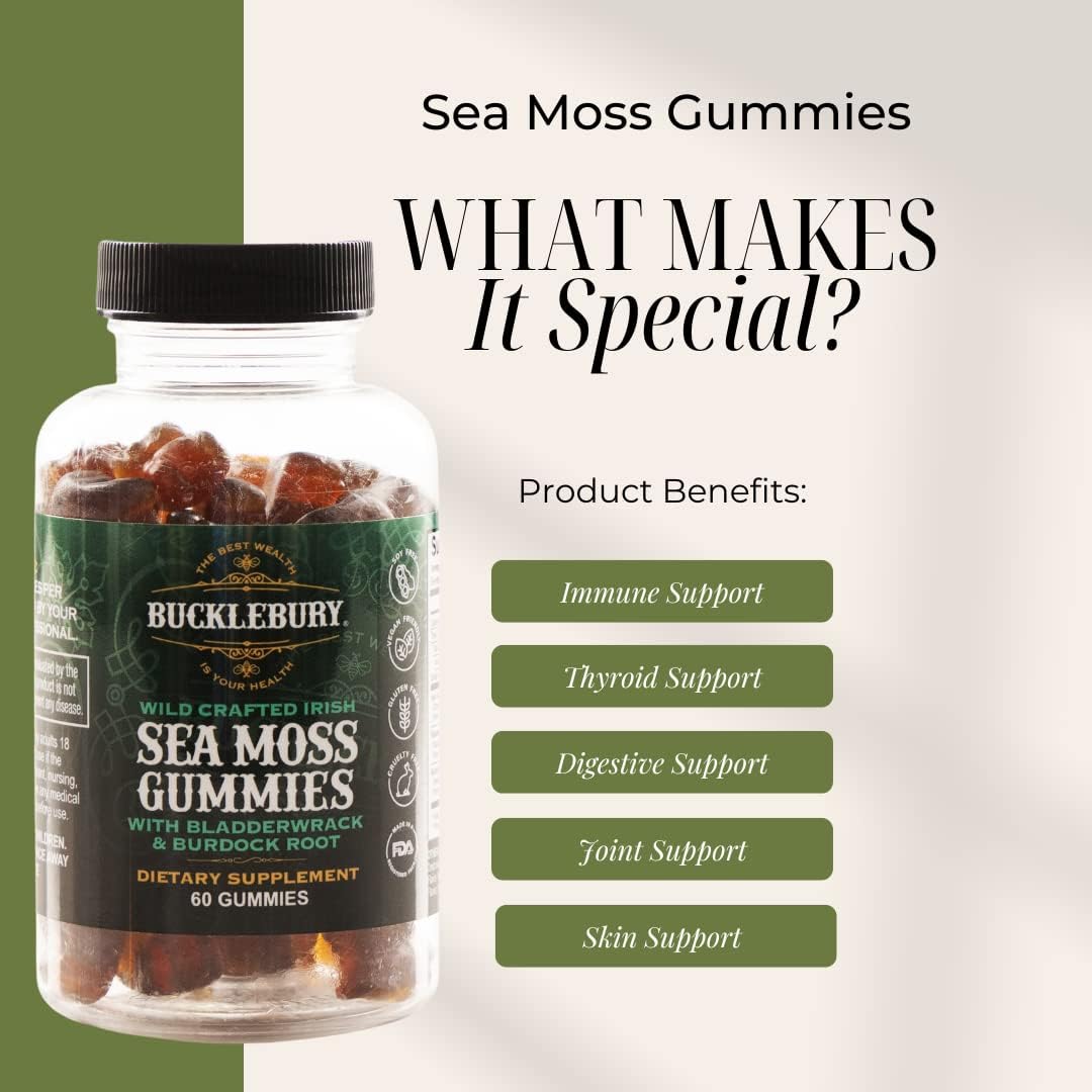 Wild Crafted Irish Sea Moss Gummies with Bladderwrack & Burdock Root - Natural Vegan Multivitamin Gummies for Immune, Thyroid, Digestive, Gut Support - 60 Gummies