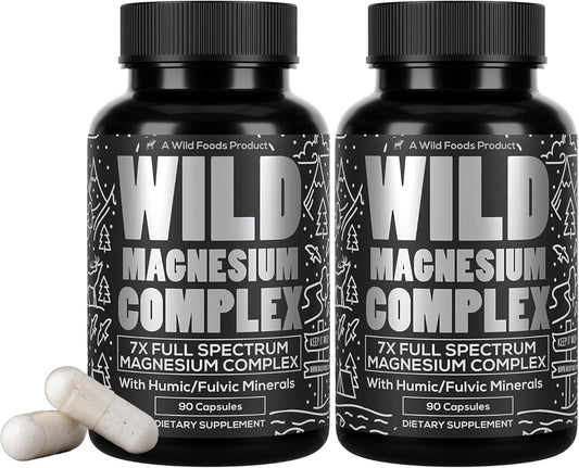 Wild Foods Magnesium Complex Supplement - 7X Forms, 90 Capsules | High Absorption & Easy Digestion | 500mg Magnesium Variants
