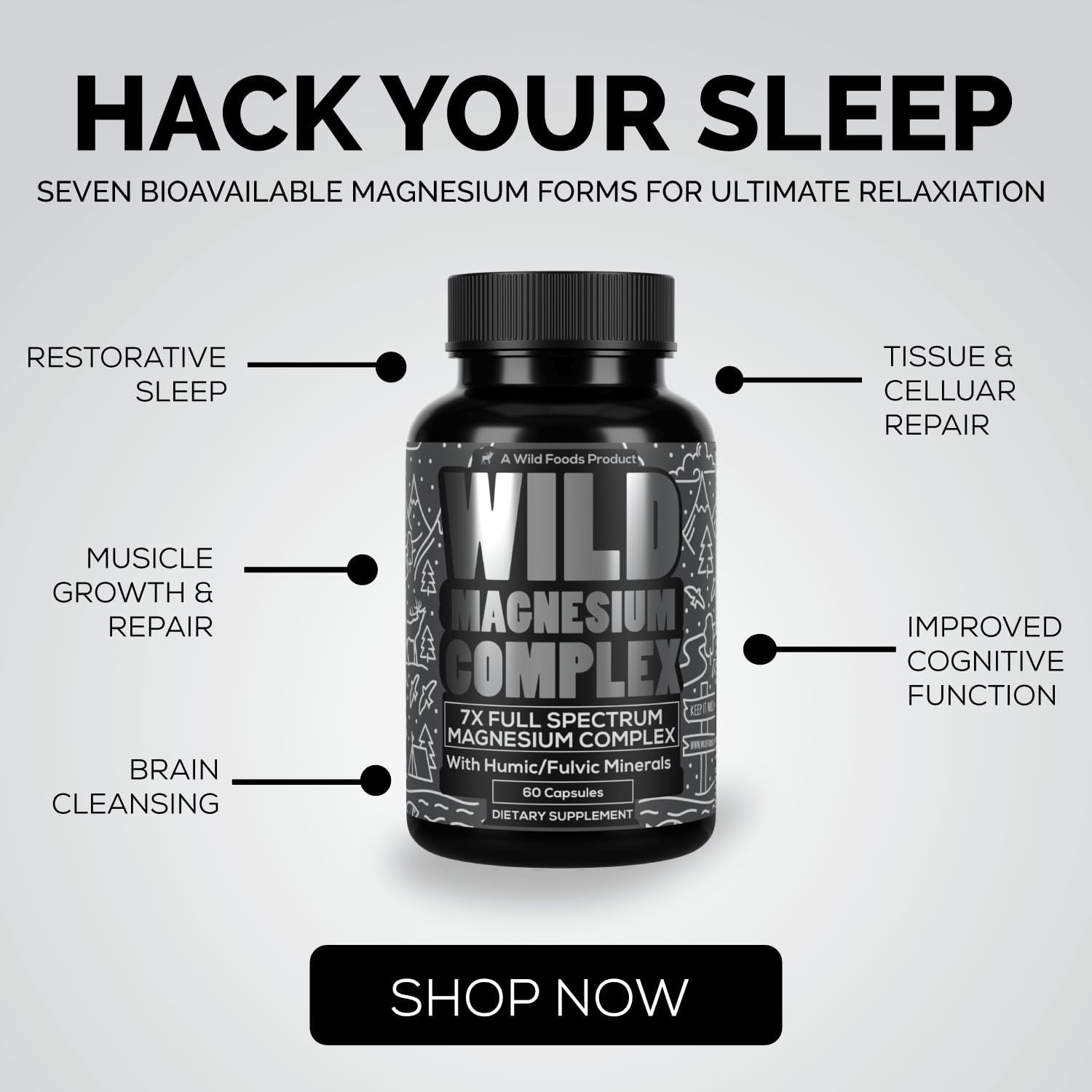 Wild Foods Magnesium Complex Supplement - 7X Forms, 90 Capsules | High Absorption & Easy Digestion | 500mg Magnesium Variants