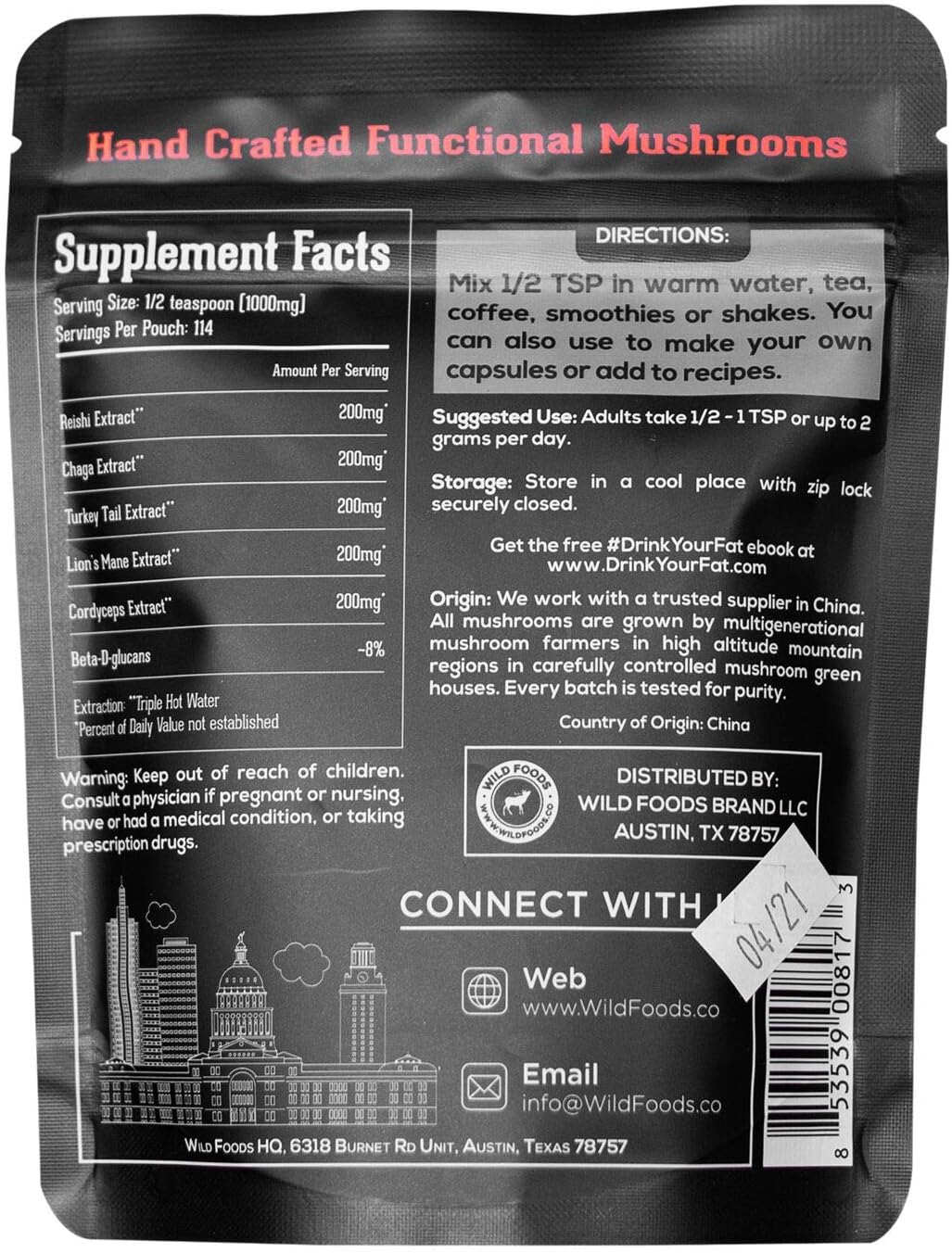Wild Foods Mushroom Superblend - Reishi, Chaga, Cordyceps, Turkey Tail, Lion’s Mane - 8 oz Stress-Reducing Adaptogenic Nootropic Liquid Blend for Coffee