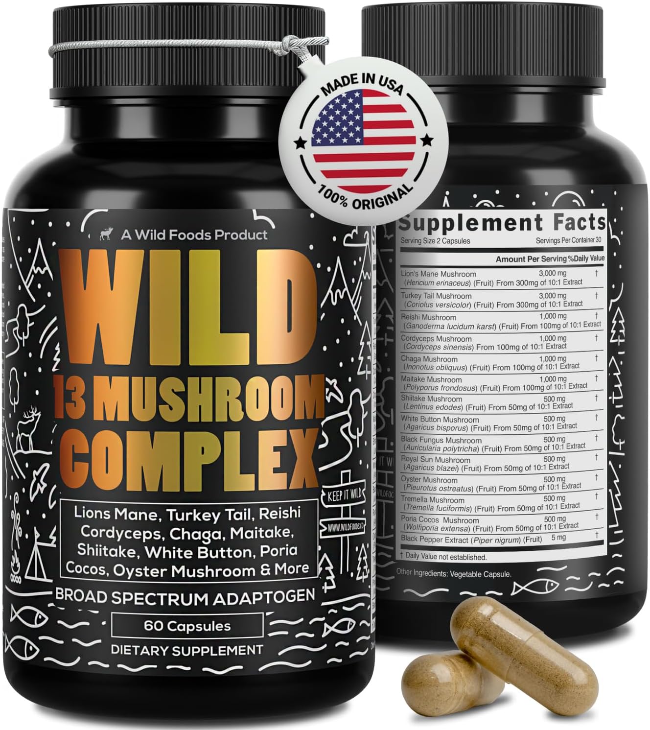 Wild Foods Organic Mushroom Supplement Complex - Pack of 2 | Includes Lions Mane, Turkey Tail, Reishi & More Adaptogenic Mushrooms for Energy, Brain & Immune Health