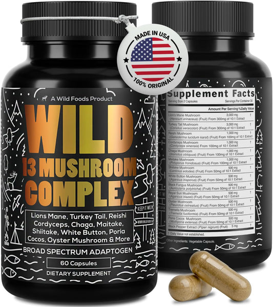 Wild Foods Organic Mushroom Supplement Complex - Pack of 2 | Includes Lions Mane, Turkey Tail, Reishi & More Adaptogenic Mushrooms for Energy, Brain & Immune Health