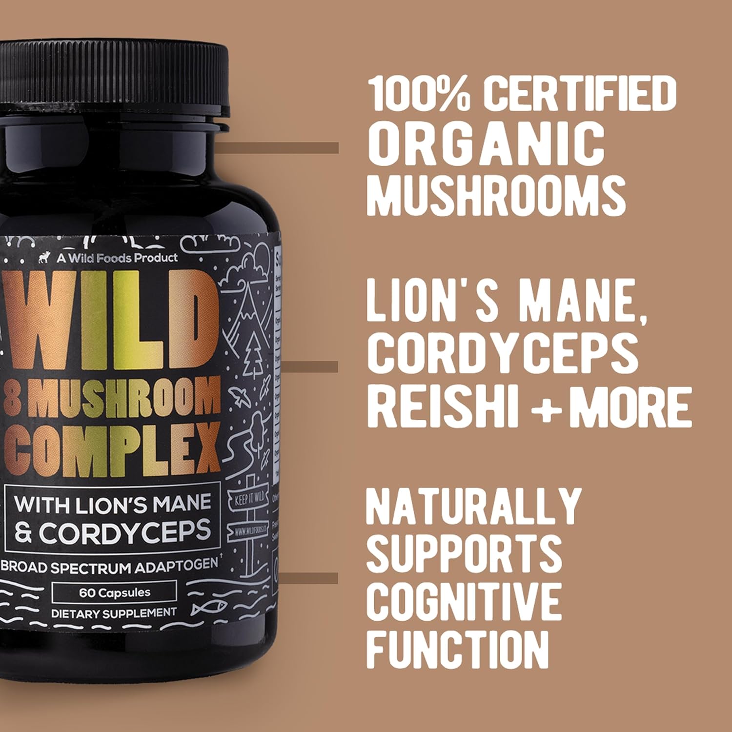 Wild Foods Organic Mushroom Supplement Complex - Pack of 2 | Includes Lions Mane, Turkey Tail, Reishi & More Adaptogenic Mushrooms for Energy, Brain & Immune Health