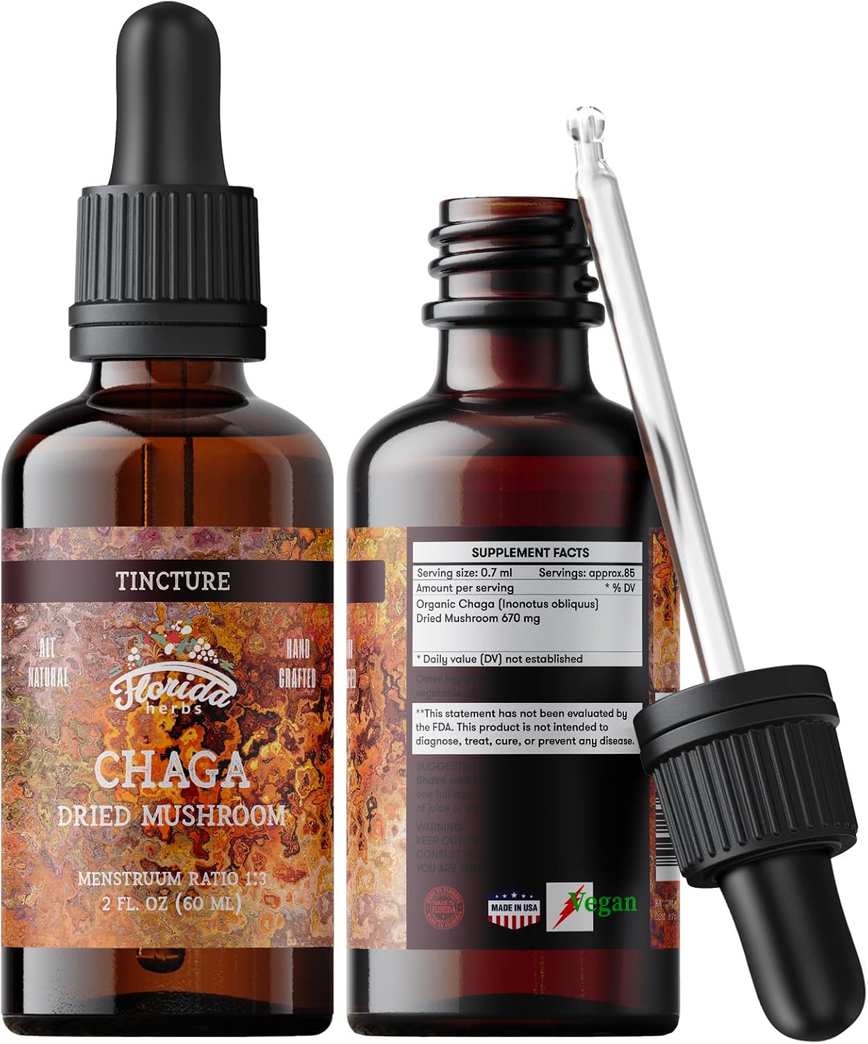 Wild Harvested Chaga Tincture Extract from Florida Herbs (Inonotus obliquus)