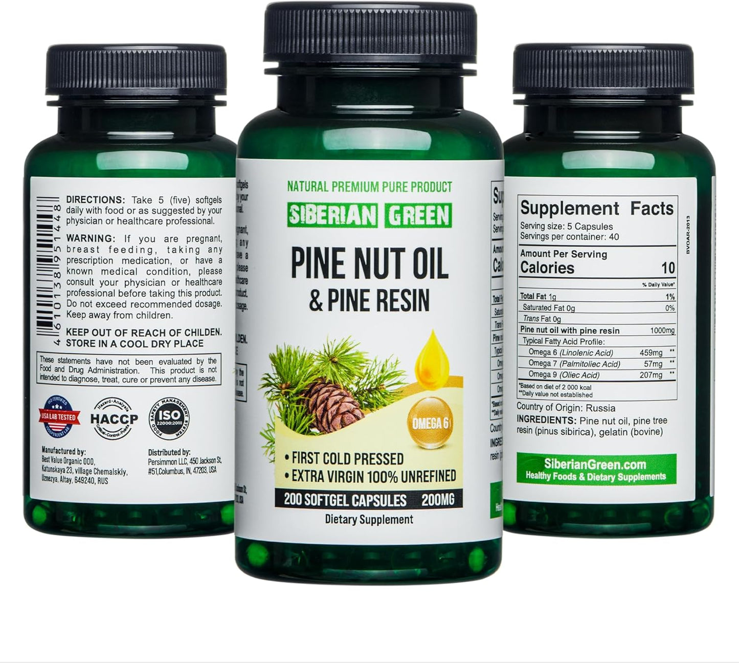 Wild Harvested Siberian Green Pine Nut Oil Capsules with Pine Resin - 200 Softgels, Cold Pressed & Unrefined from Altai Siberia