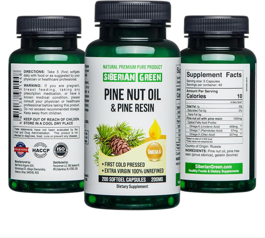 Wild Harvested Siberian Green Pine Nut Oil Capsules with Pine Resin - 200 Softgels, Cold Pressed & Unrefined from Altai Siberia